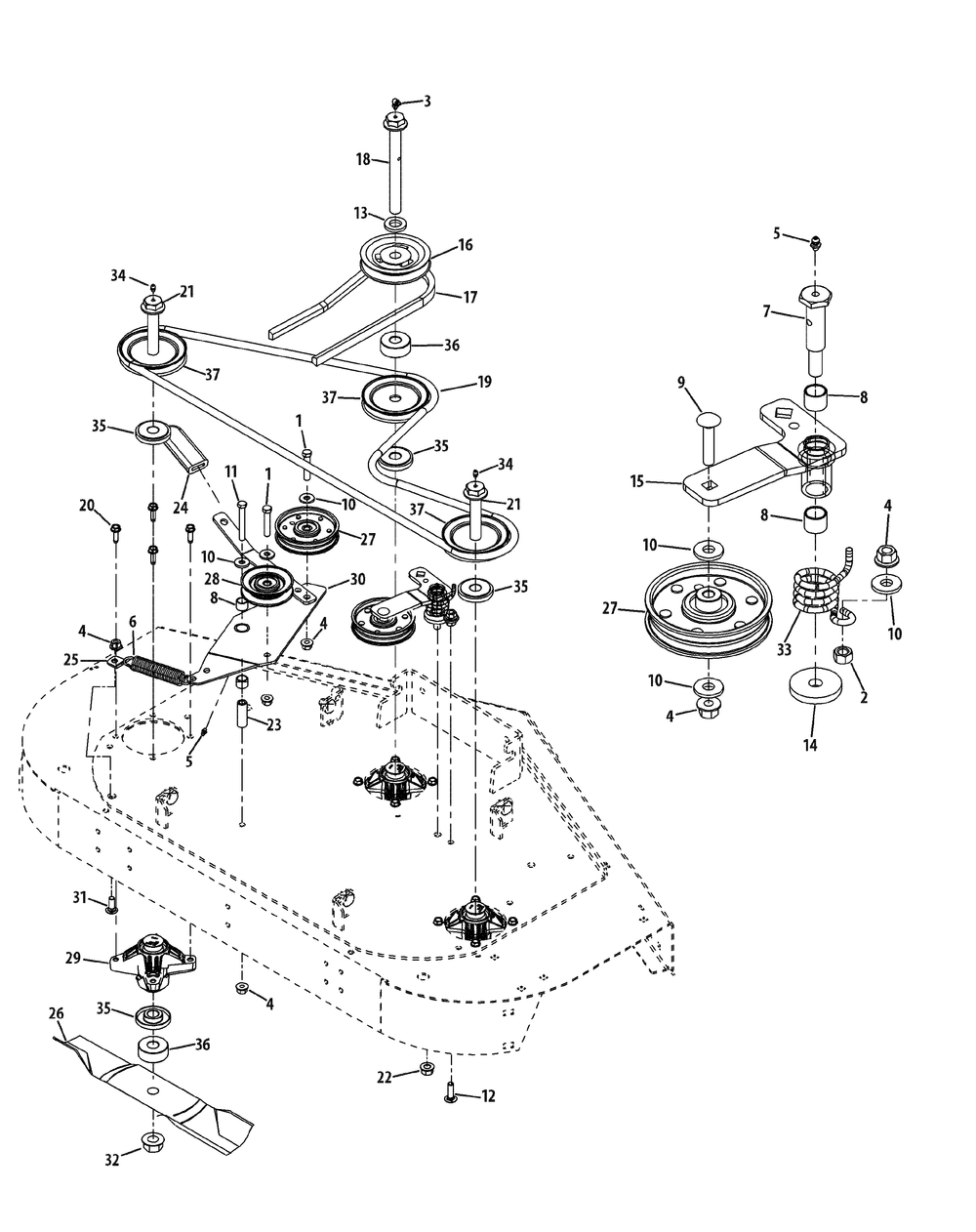 Deck Spindle Assembly Diagram and Parts List for Z-FORCEPRO48-KH 53BH3AGN050-22HP Cub Cadet Lawn Tractor